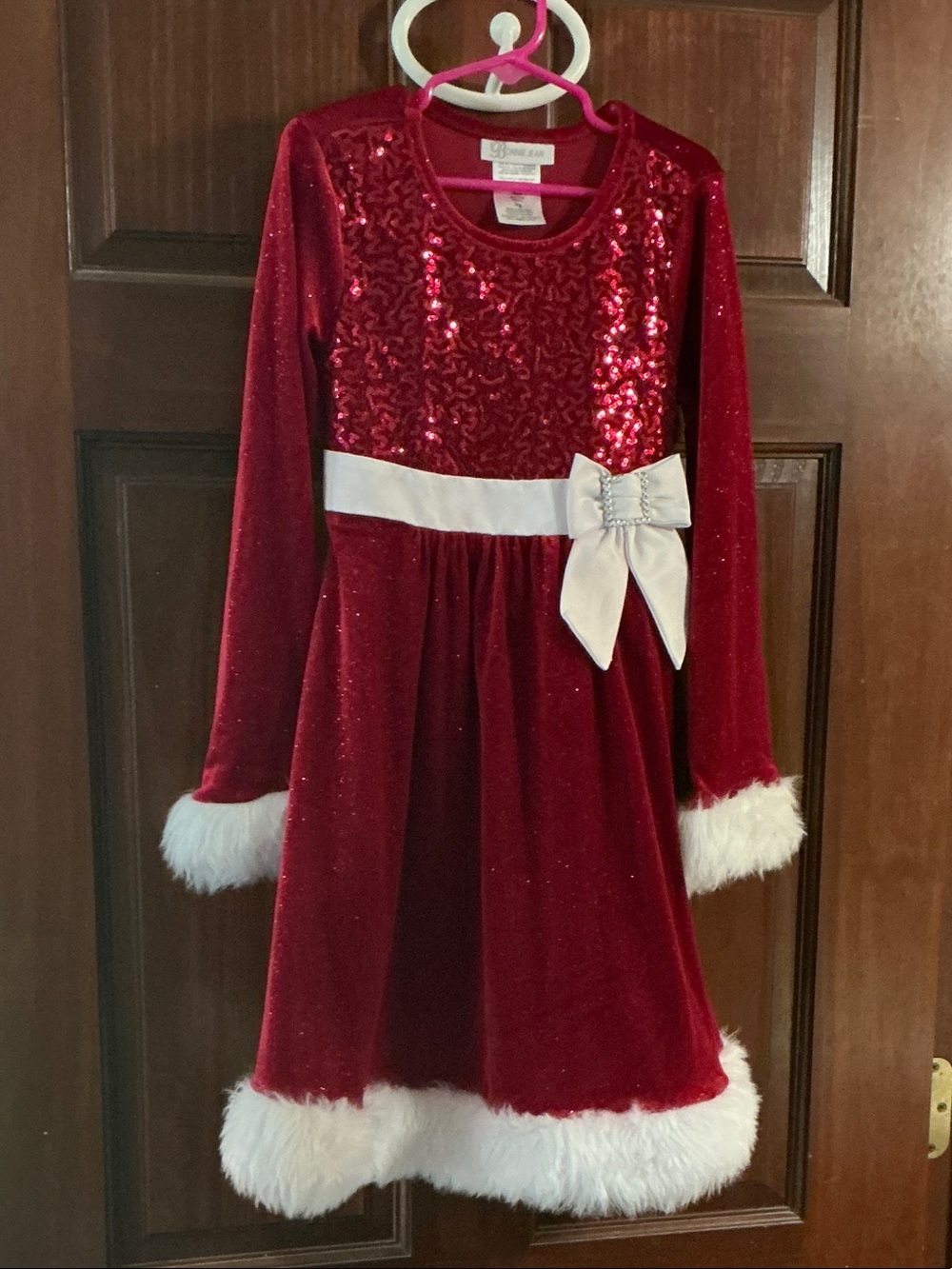 Holiday Red Velvet Sequin Bow Dress for Girls